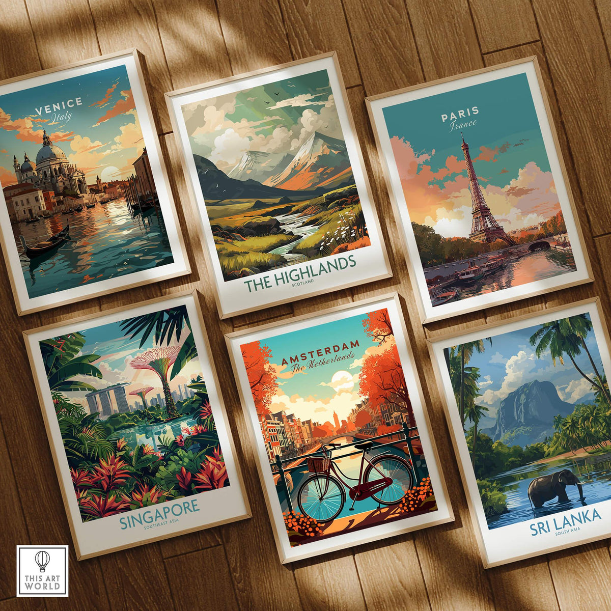 Art prints featuring iconic travel destinations including Amsterdam Print Netherlands, Venice, Paris, Singapore, Highlands, Sri Lanka.