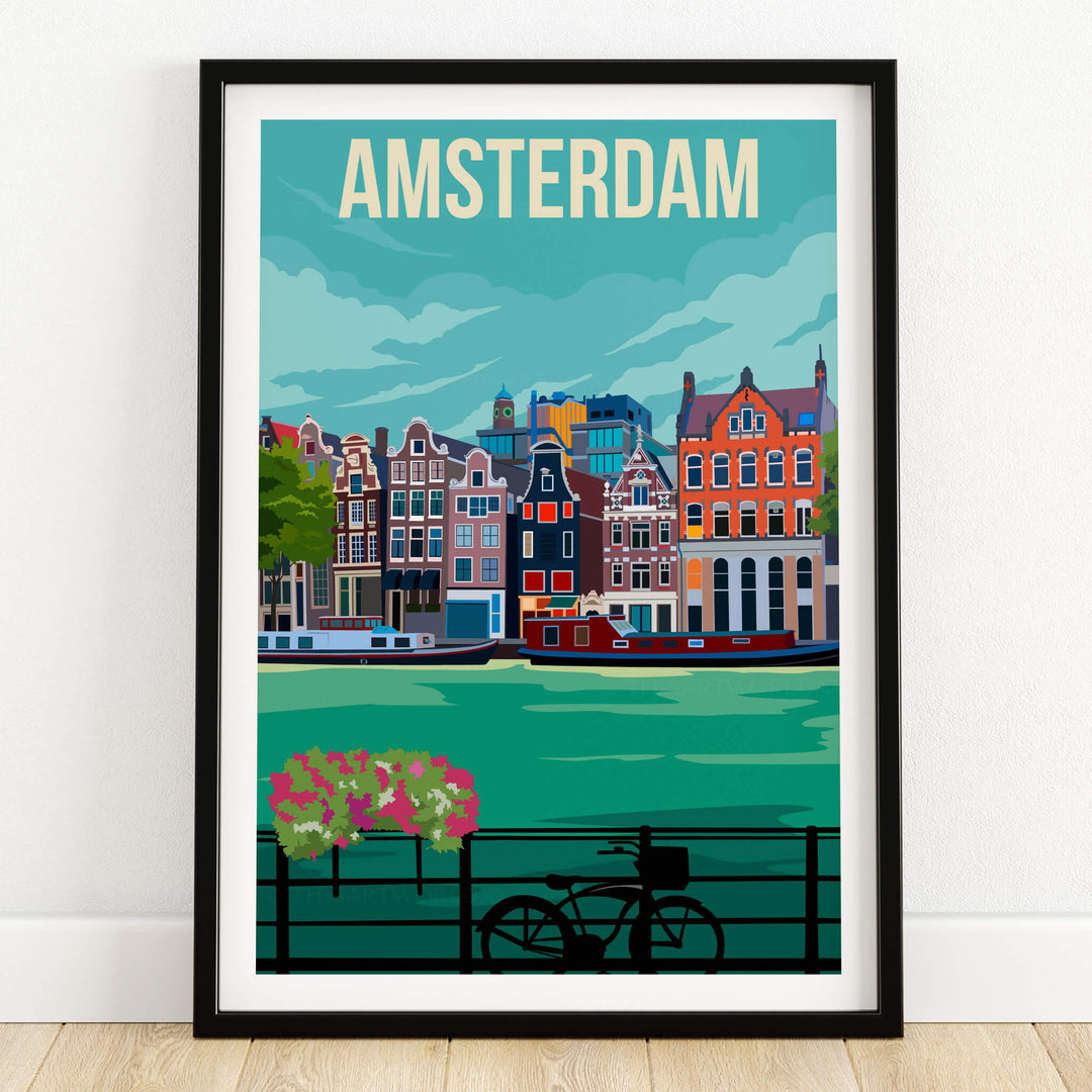 Amsterdam Print Poster Wall Art | Vintage showcasing colorful buildings and a bike by the waterfront.