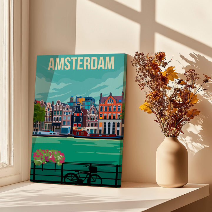 Amsterdam Print Poster Wall Art | Vintage in a sunlit room with flowers and bike, showcasing Amsterdam's charm.