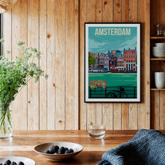 Amsterdam Print Poster Wall Art | Vintage featuring vibrant Amsterdam scenes against wooden decor.