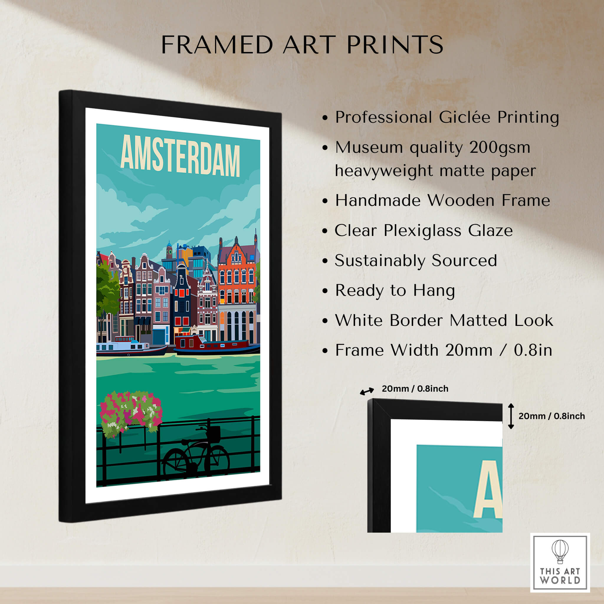 Amsterdam Print Poster Wall Art | Vintage framed art with vibrant colors and vintage style design, perfect for home decor.