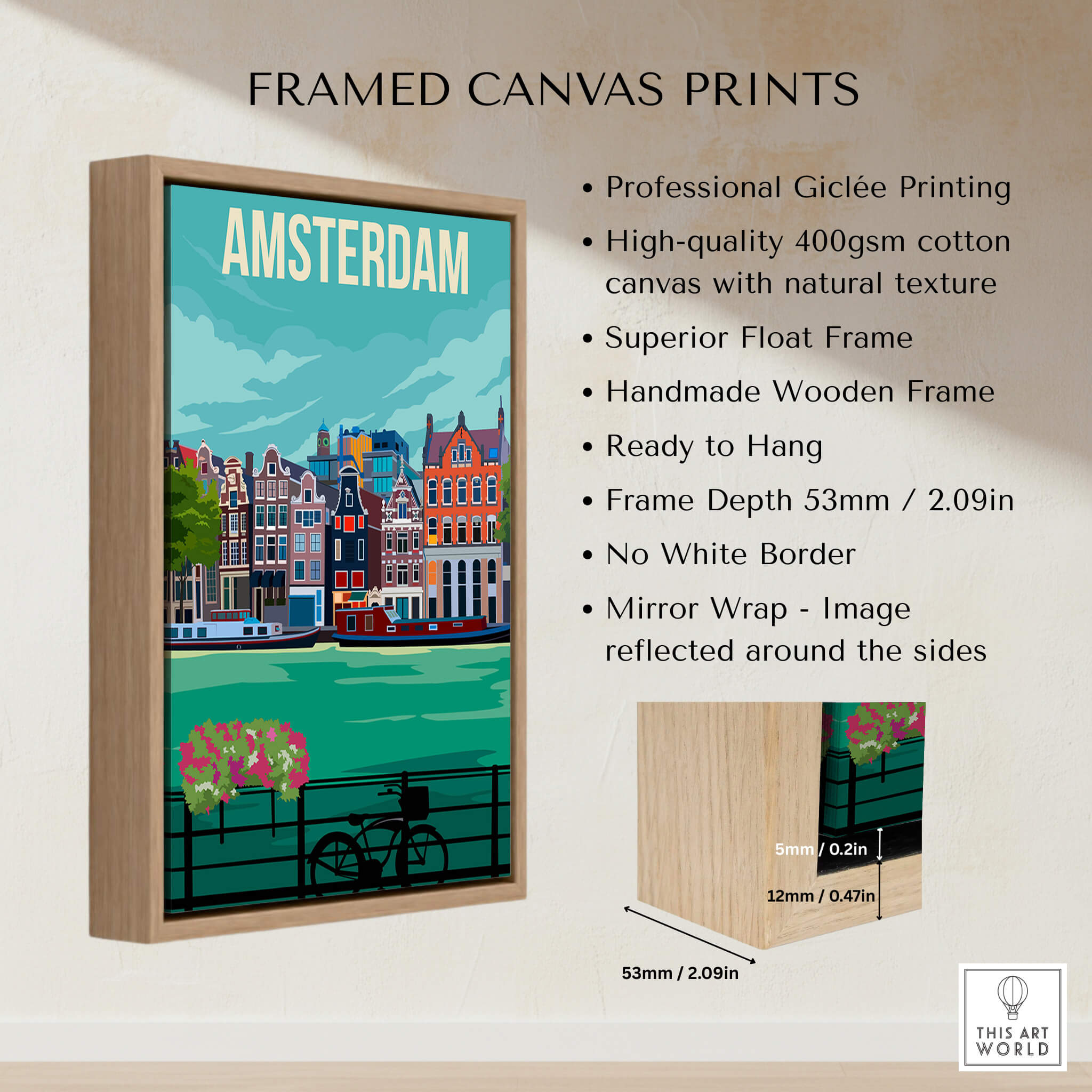 Amsterdam Print Poster Wall Art | Vintage framed canvas print featuring a vibrant Amsterdam scene and wooden frame.