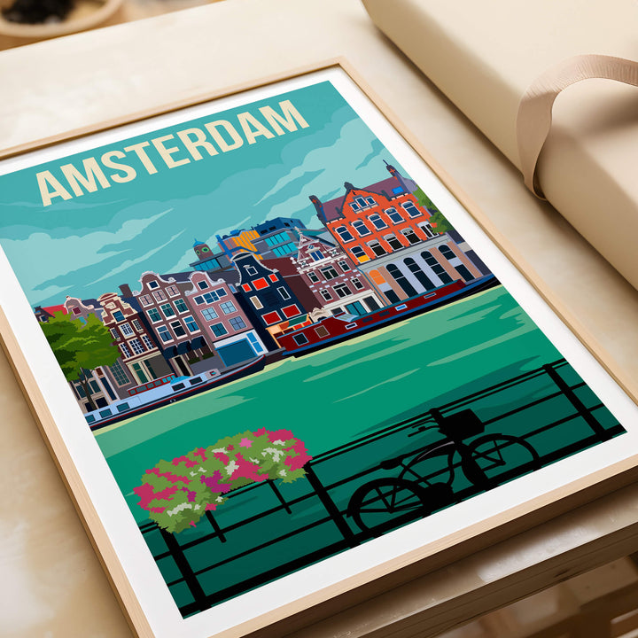 Amsterdam Print Poster Wall Art | Vintage showcasing iconic Amsterdam canals and buildings in vibrant colors