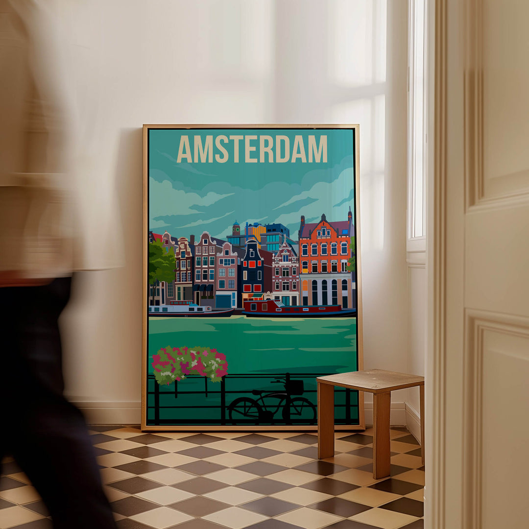 Amsterdam Print Poster Wall Art | Vintage showcasing the canals and iconic buildings of Amsterdam in a stylish setting.