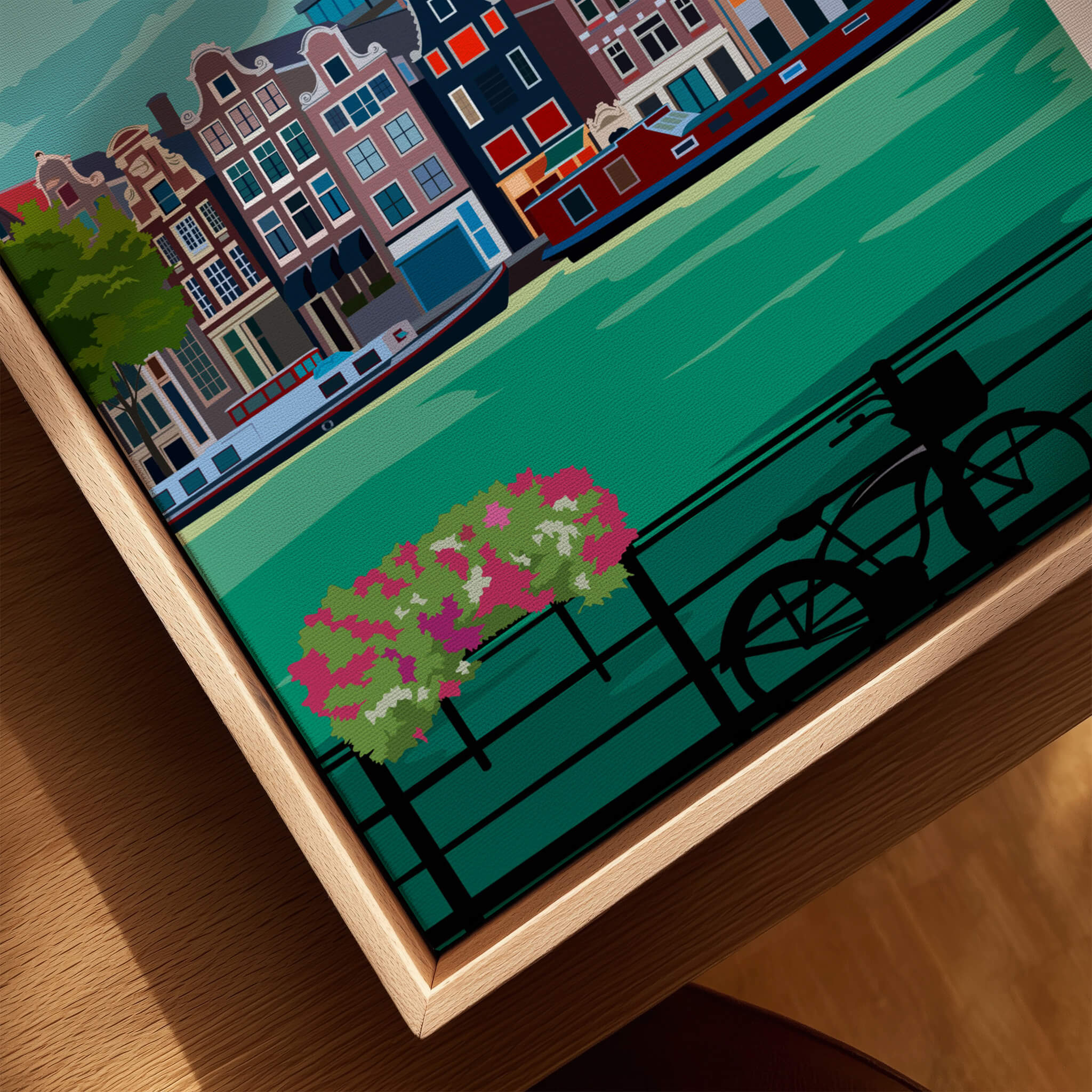 Amsterdam Print Poster Wall Art | Vintage featuring colorful canals and a bicycle in a vibrant design.