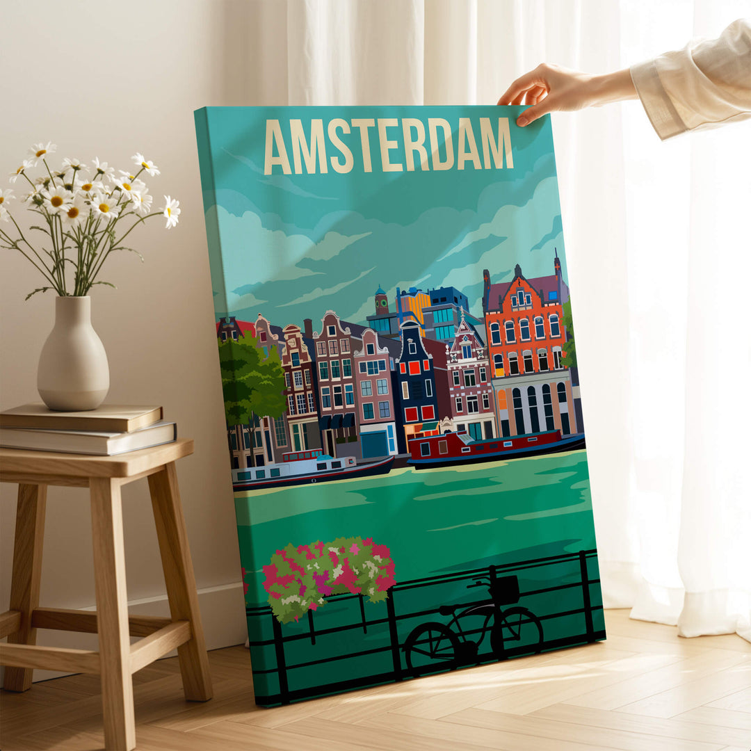 Amsterdam Print Poster Wall Art | Vintage showcased in a cozy living space with flowers and a bike.
