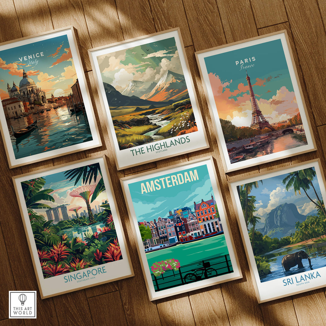 Amsterdam Print Poster Wall Art | Vintage collection featuring travel posters from Venice, Singapore, Paris, and Sri Lanka.