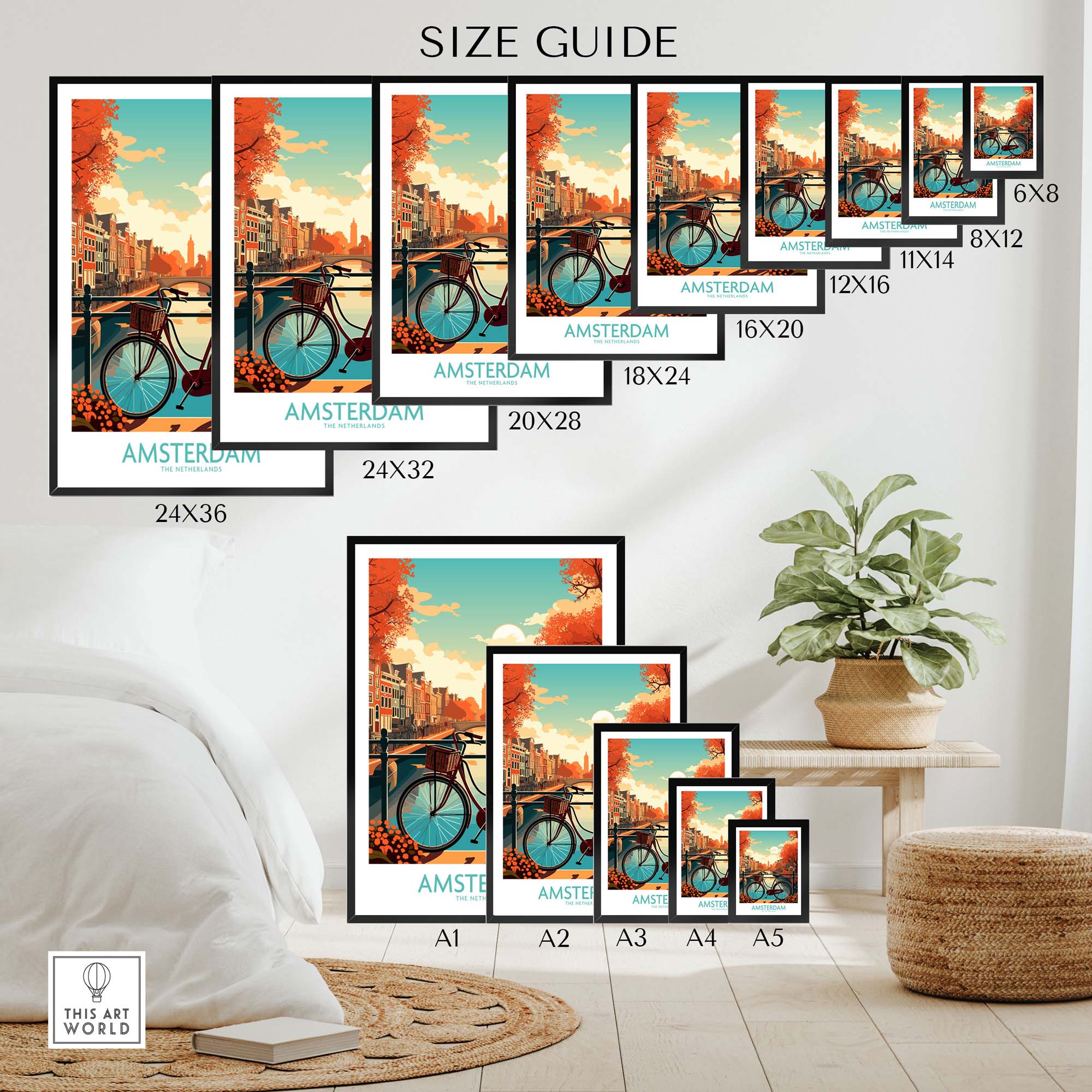 Size guide for Amsterdam Wall Art showcasing various print sizes and a vibrant sunset scene with bicycles.