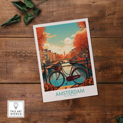 Amsterdam wall art print featuring a bicycle by the canals during sunset, perfect for modern decor.