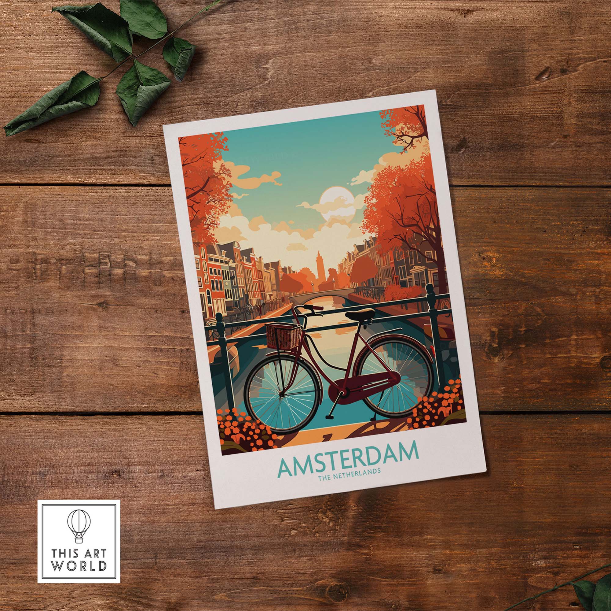 Amsterdam wall art print featuring a bicycle by the canals during sunset, perfect for modern decor.