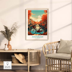 Vibrant Amsterdam wall art print featuring canals and bicycle, perfect for modern decor in living room.