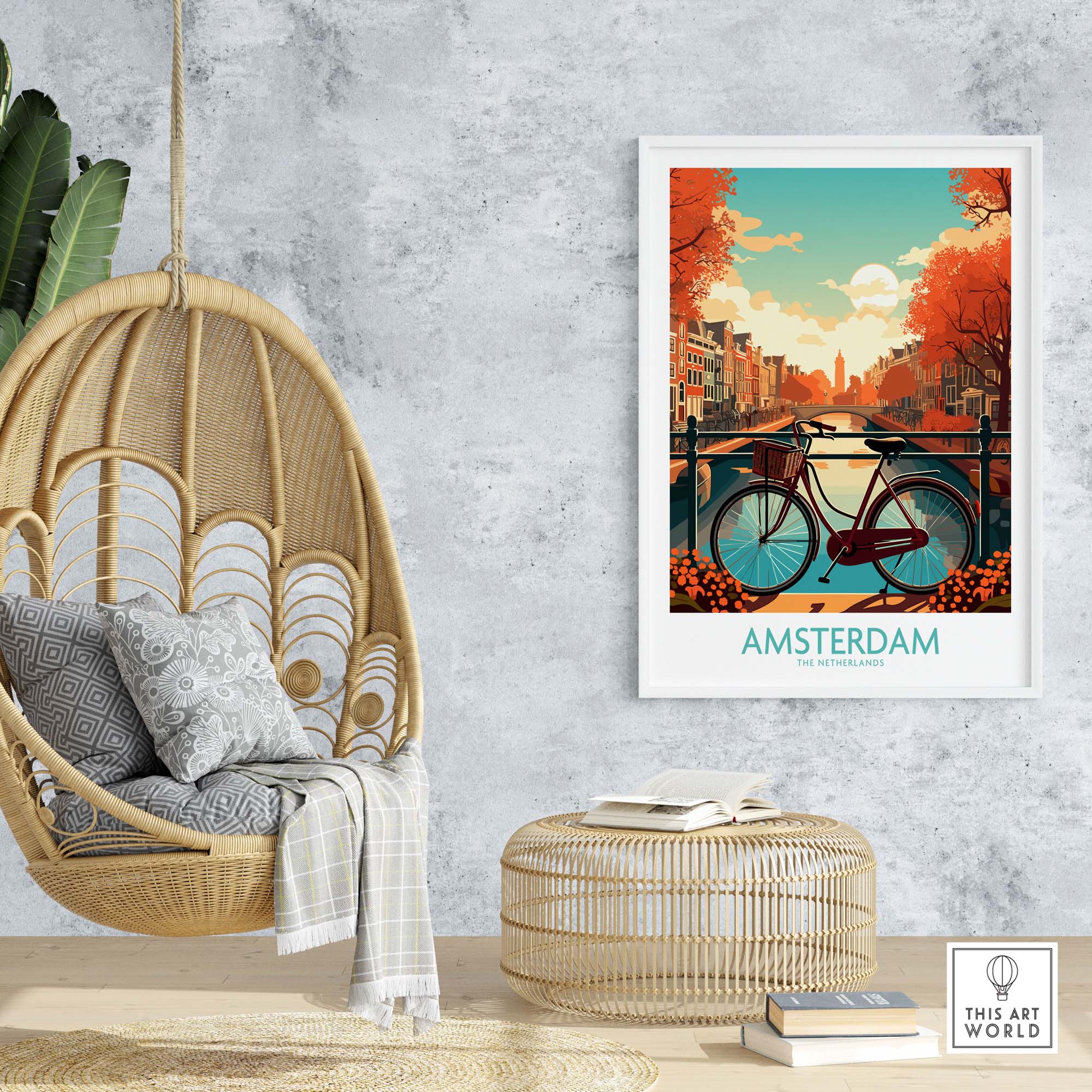 Amsterdam wall art print featuring a bike by the canal in vibrant autumn colors, modern style decor for your living space.