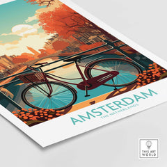 Vibrant Amsterdam wall art print featuring a bicycle by the canals and autumn leaves, perfect for modern decor.