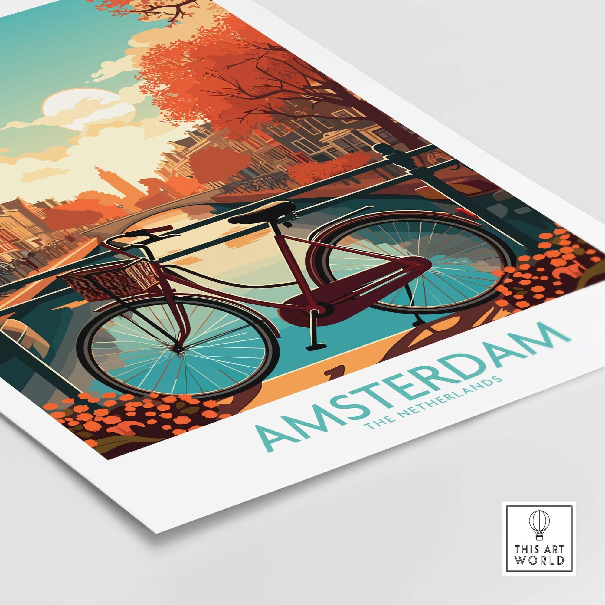 Vibrant Amsterdam wall art print featuring a bicycle by the canals and autumn leaves, perfect for modern decor.