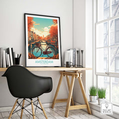 Modern Amsterdam wall art print featuring a bicycle and vibrant sunset over the canals in a stylish interior setting.