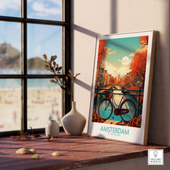 Amsterdam wall art print featuring a vibrant sunset with bicycles and canals, perfect for modern home decor.