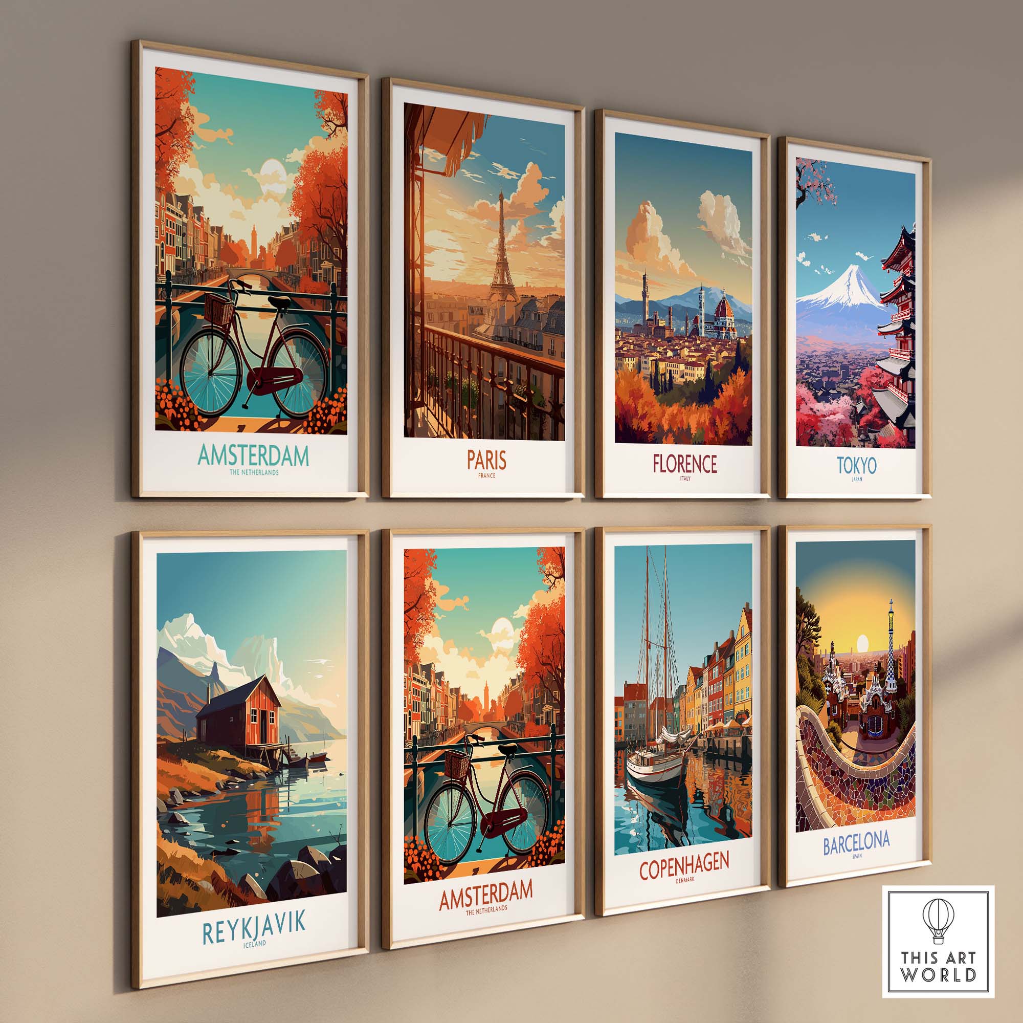 A collection of modern travel art prints featuring Amsterdam, Paris, Florence, Tokyo, Reykjavik, Copenhagen, and Barcelona.