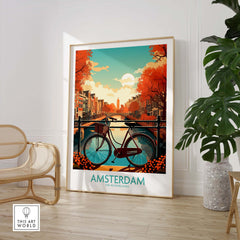 Vibrant Amsterdam wall art print featuring canals and bicycles in modern style, perfect for home decor.