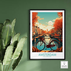 Vibrant Amsterdam wall art print showcasing a bicycle by the canals with autumn colors, perfect for modern decor.