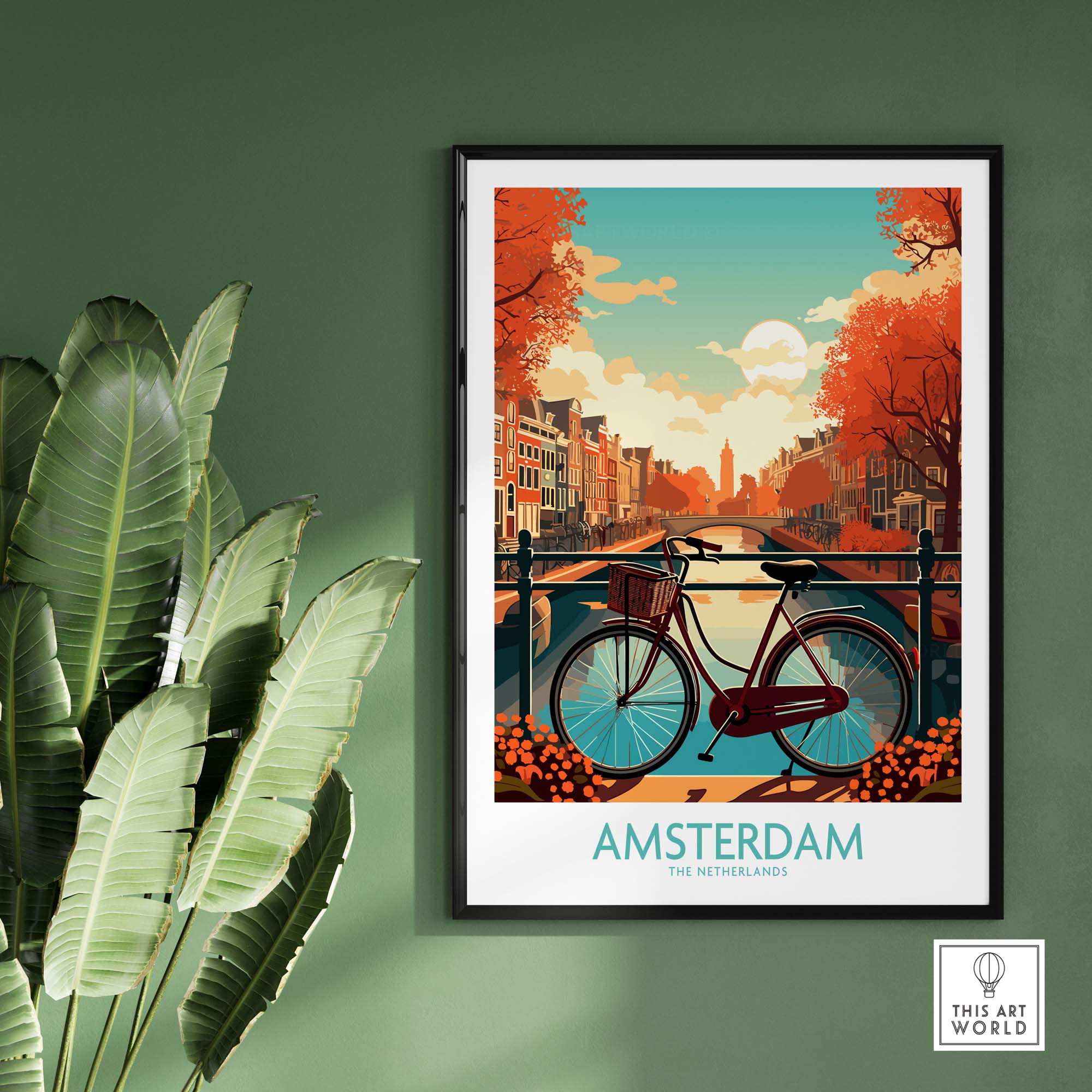 Vibrant Amsterdam wall art print showcasing a bicycle by the canals with autumn colors, perfect for modern decor.