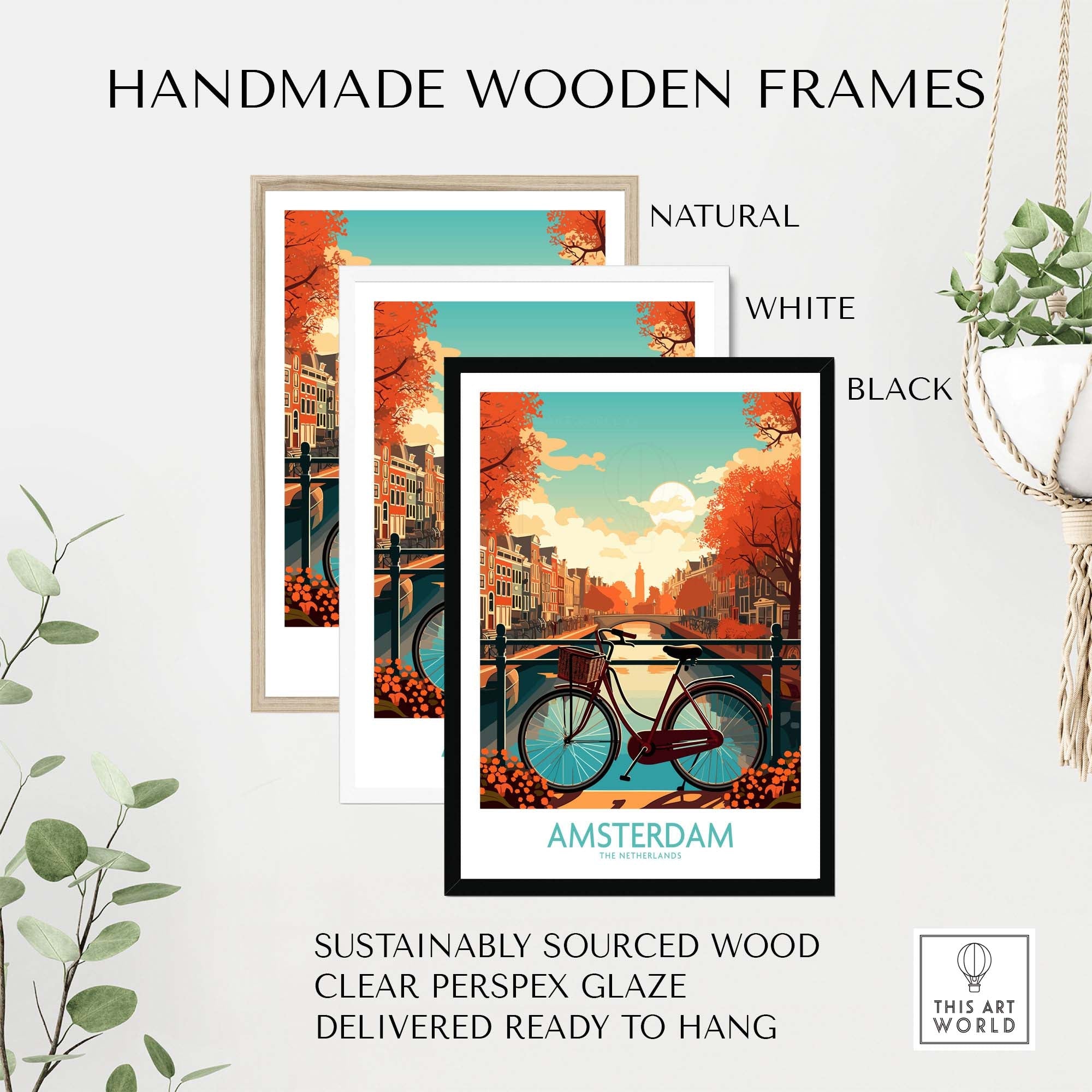 Handmade wooden frames in natural, white, and black for Amsterdam wall art print with vibrant sunset scene.