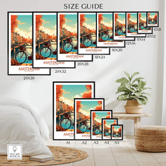 Size guide for Amsterdam wall art print featuring a bike and canals in vibrant modern style.