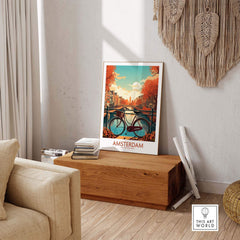 Amsterdam wall art featuring a bike against a sunset backdrop, modern Netherlands decor for your living space.