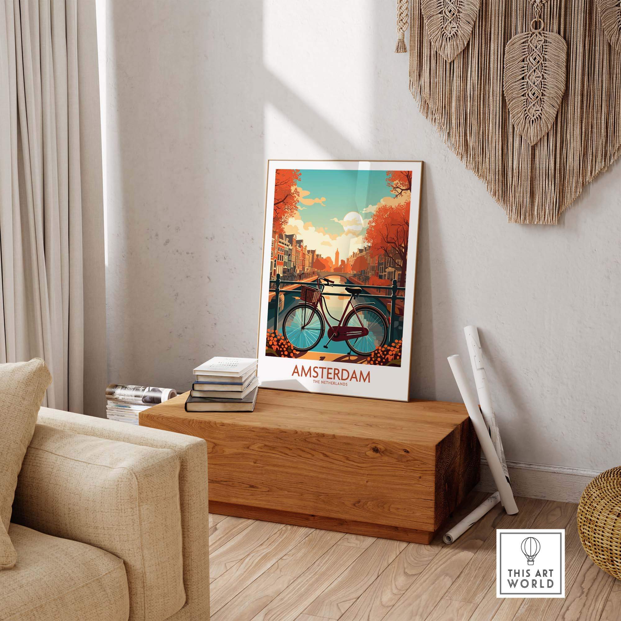 Amsterdam wall art featuring a bike against a sunset backdrop, modern Netherlands decor for your living space.