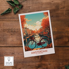 Amsterdam wall art print featuring a bike and sunset view of canals, perfect for modern home decor.