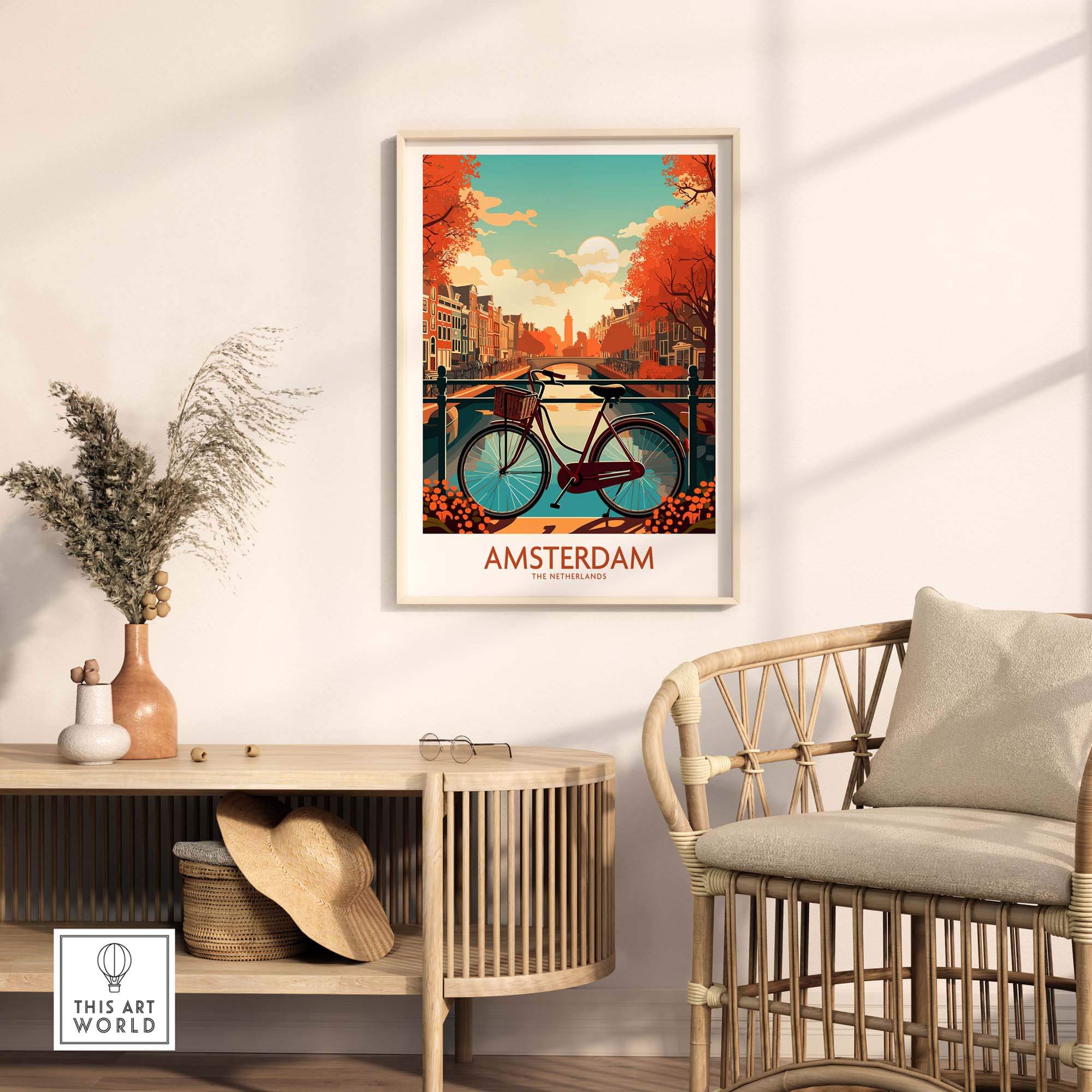 Amsterdam wall art featuring a bike and sunset over canals in a modern living room setting.