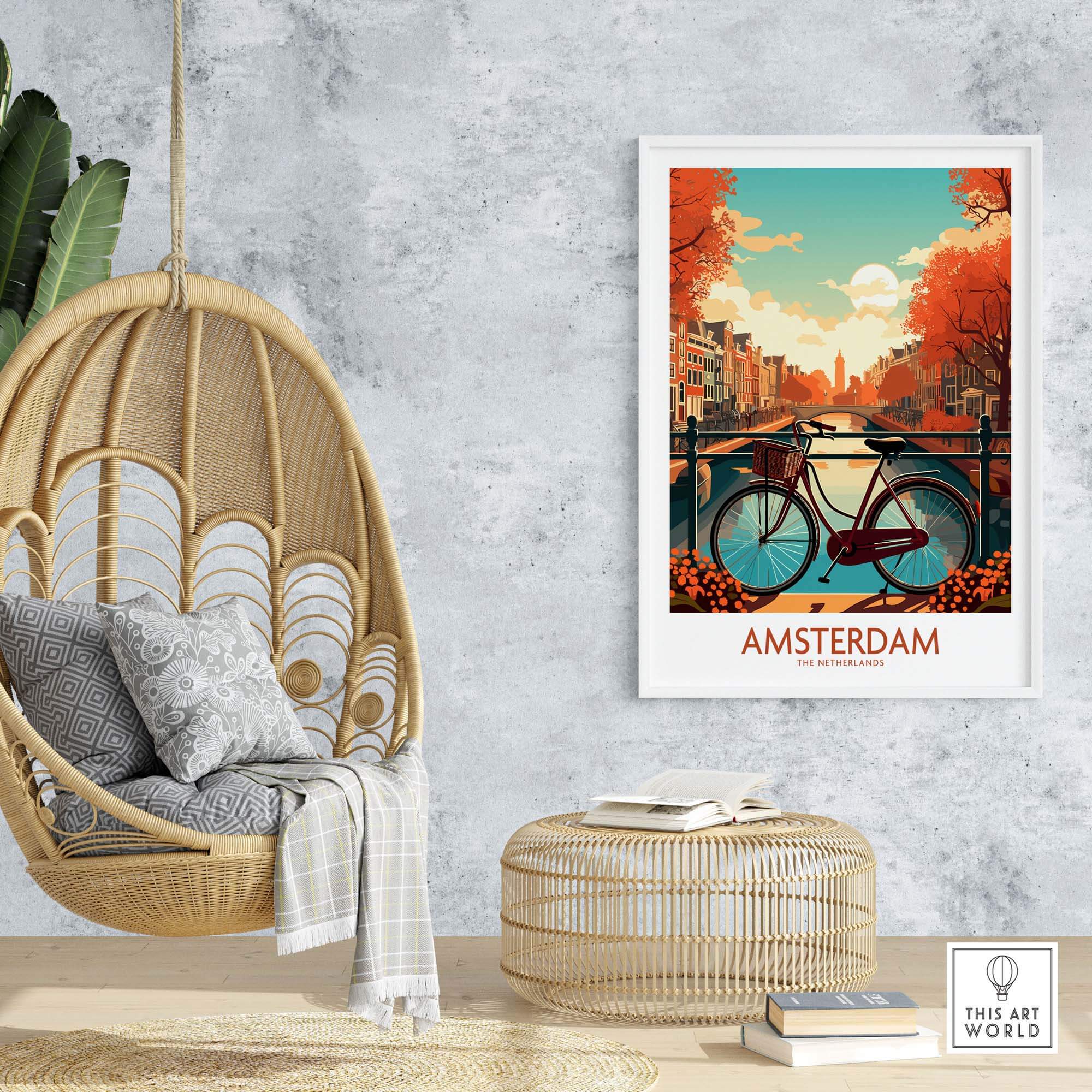 Modern Amsterdam wall art print featuring a bike and canals in vibrant autumn colors.