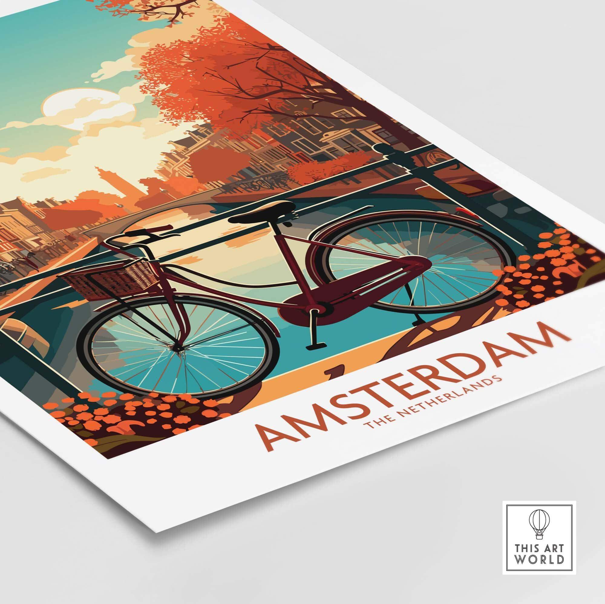 Amsterdam wall art print featuring a bike by the canal at sunset, showcasing modern Netherlands decor.