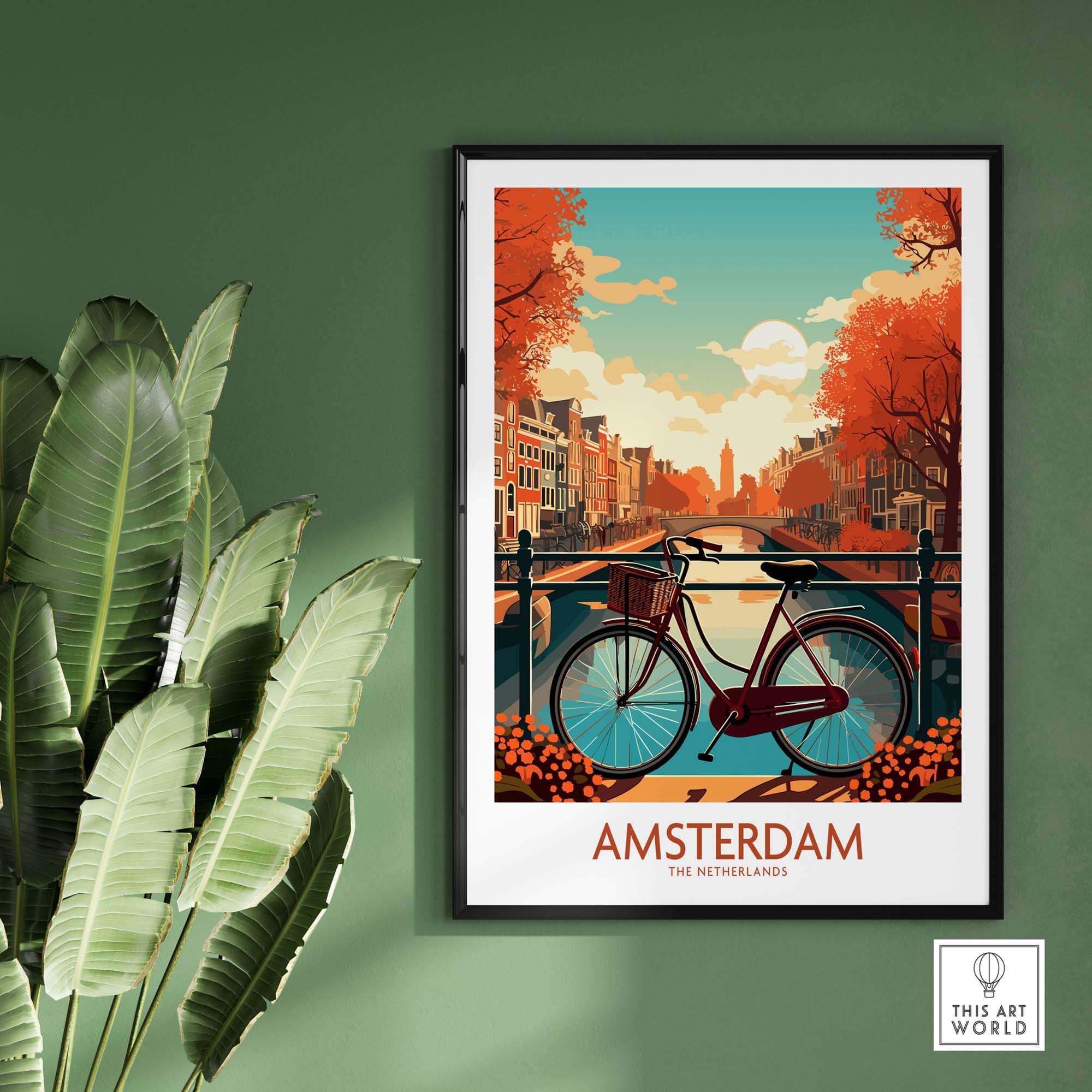 Amsterdam wall art print featuring iconic bike and canals in autumn colors, modern Netherlands art for home decor.