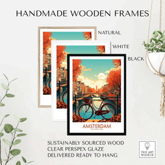 Three handmade wooden frames in natural, white, and black featuring vibrant Amsterdam wall art with a bike.