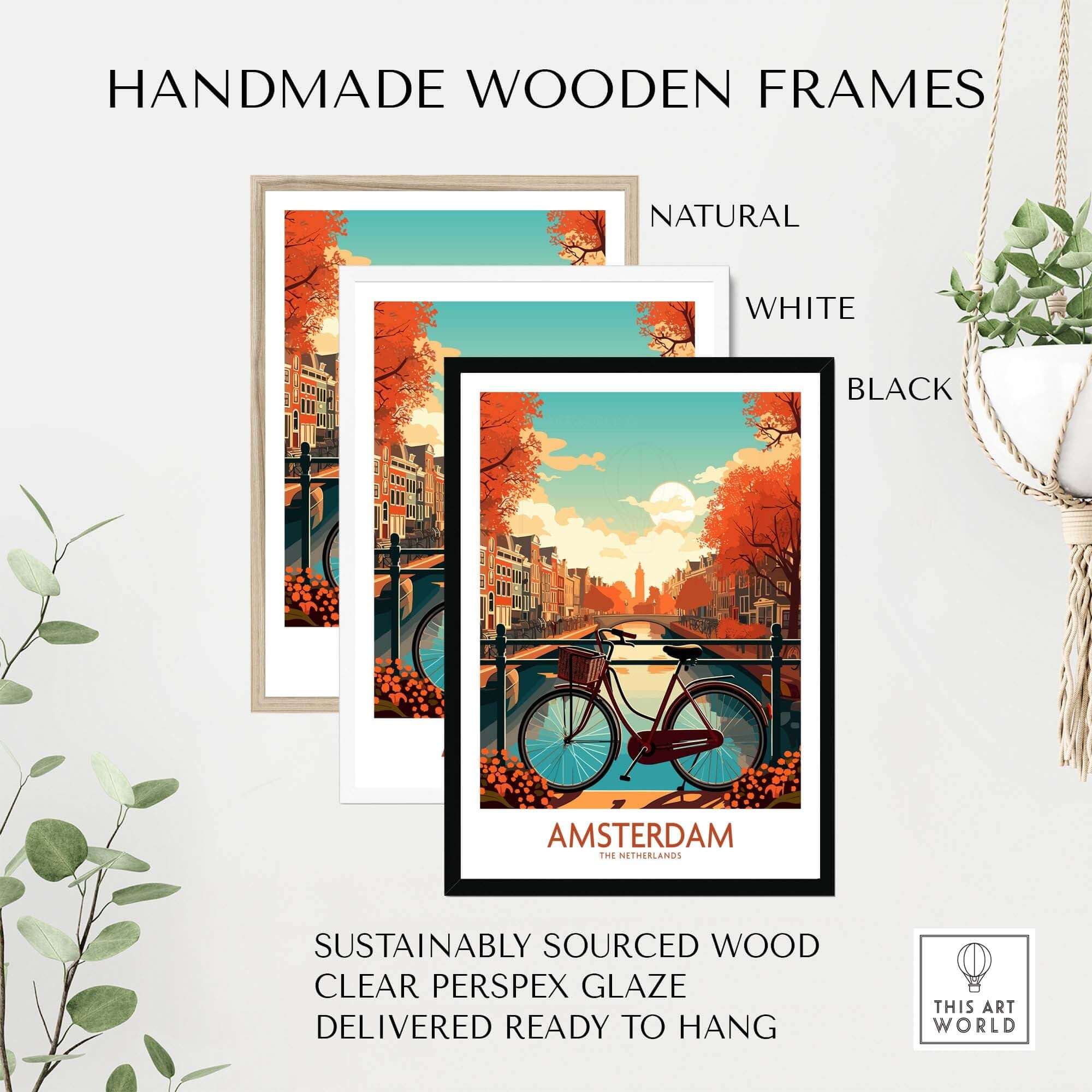 Three handmade wooden frames in natural, white, and black featuring vibrant Amsterdam wall art with a bike.