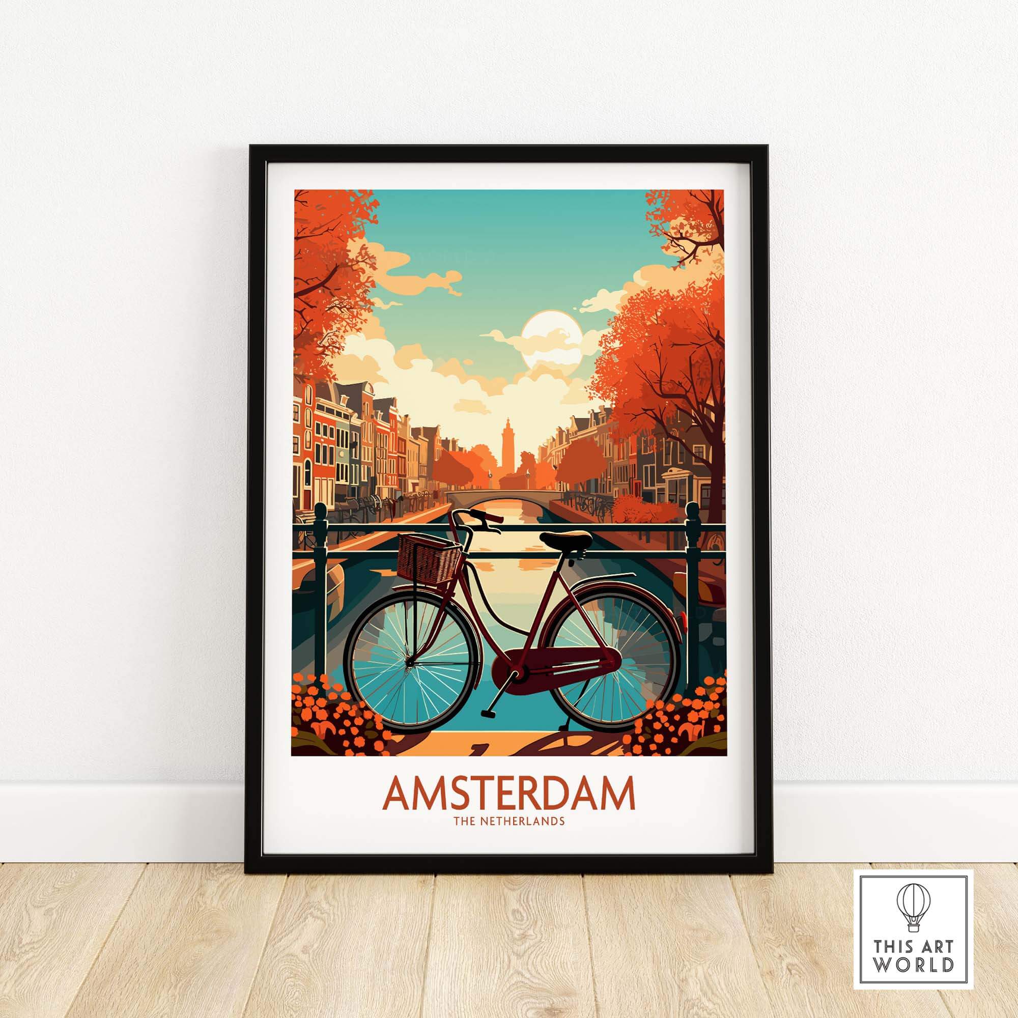 Amsterdam wall art print showcasing a bike by the canal in vibrant autumn colors, perfect for modern decor.
