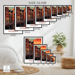Size guide for Amsterdam at Sunset wall art prints showcasing various frame dimensions.