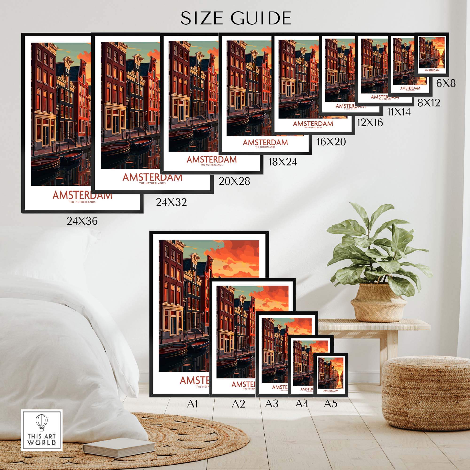 Size guide for Amsterdam at Sunset wall art prints showcasing various frame dimensions.