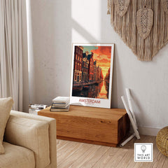 Amsterdam sunset wall art featuring canals and bikes, modern home decor for travel enthusiasts.