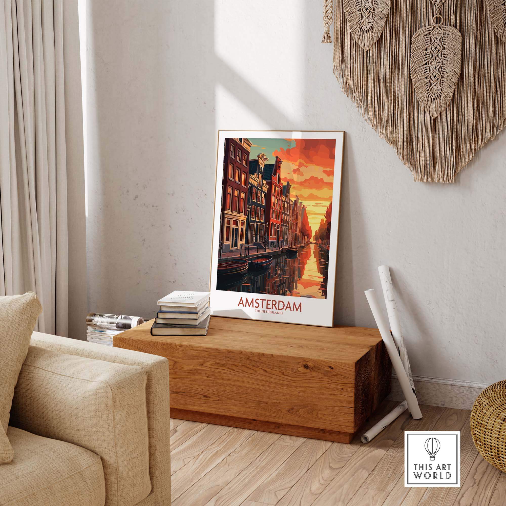 Amsterdam sunset wall art featuring canals and bikes, modern home decor for travel enthusiasts.