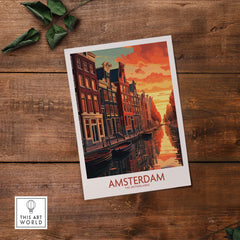 Amsterdam sunset wall art print featuring bikes and canals in modern style for home decor.