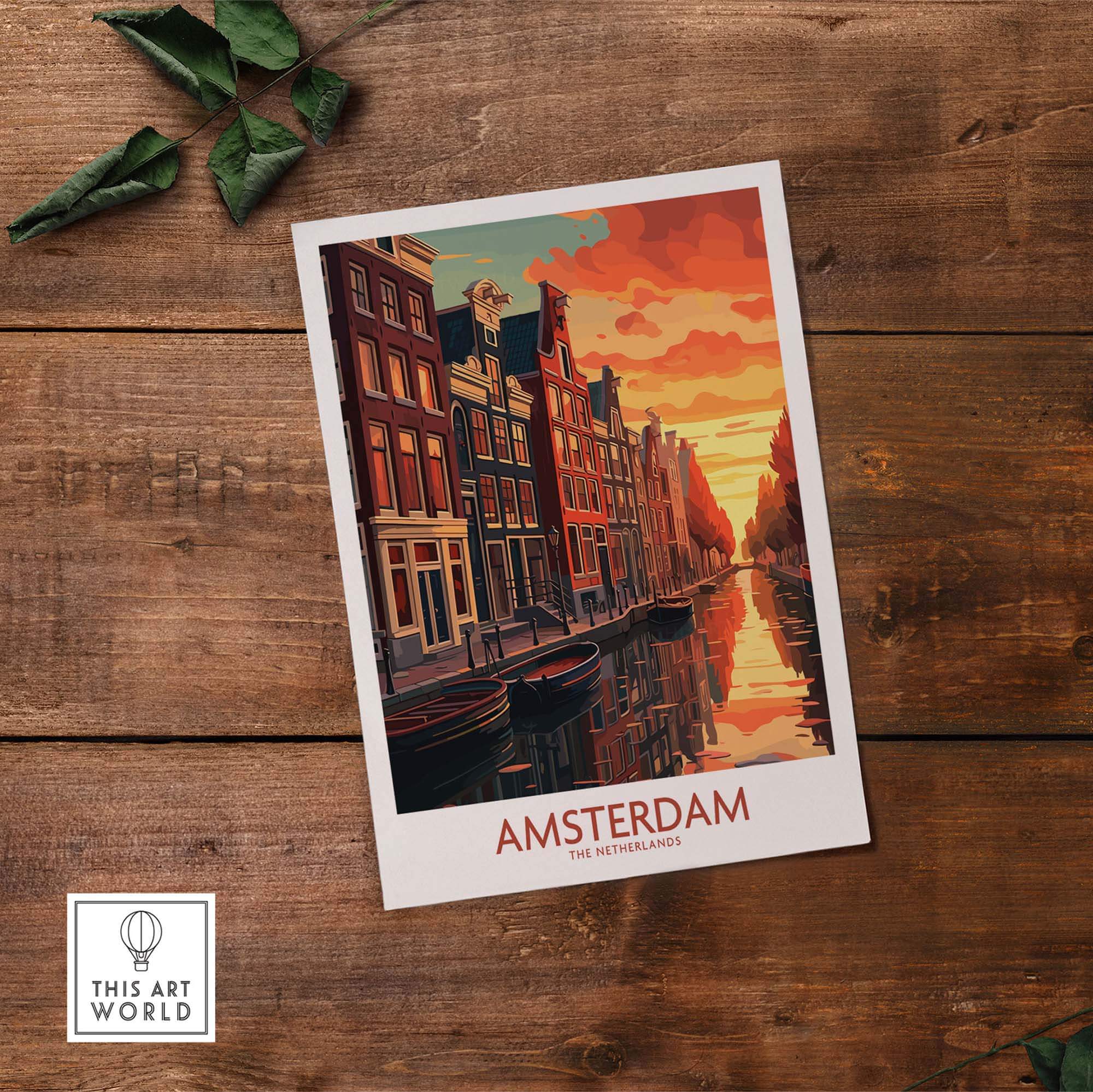 Amsterdam sunset wall art print featuring bikes and canals in modern style for home decor.