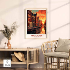 Amsterdam wall art at sunset featuring canals and bikes, perfect for modern home decor.