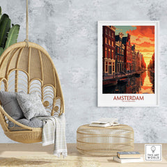 Amsterdam sunset wall art featuring canals and bikes, modern style decor for living room.
