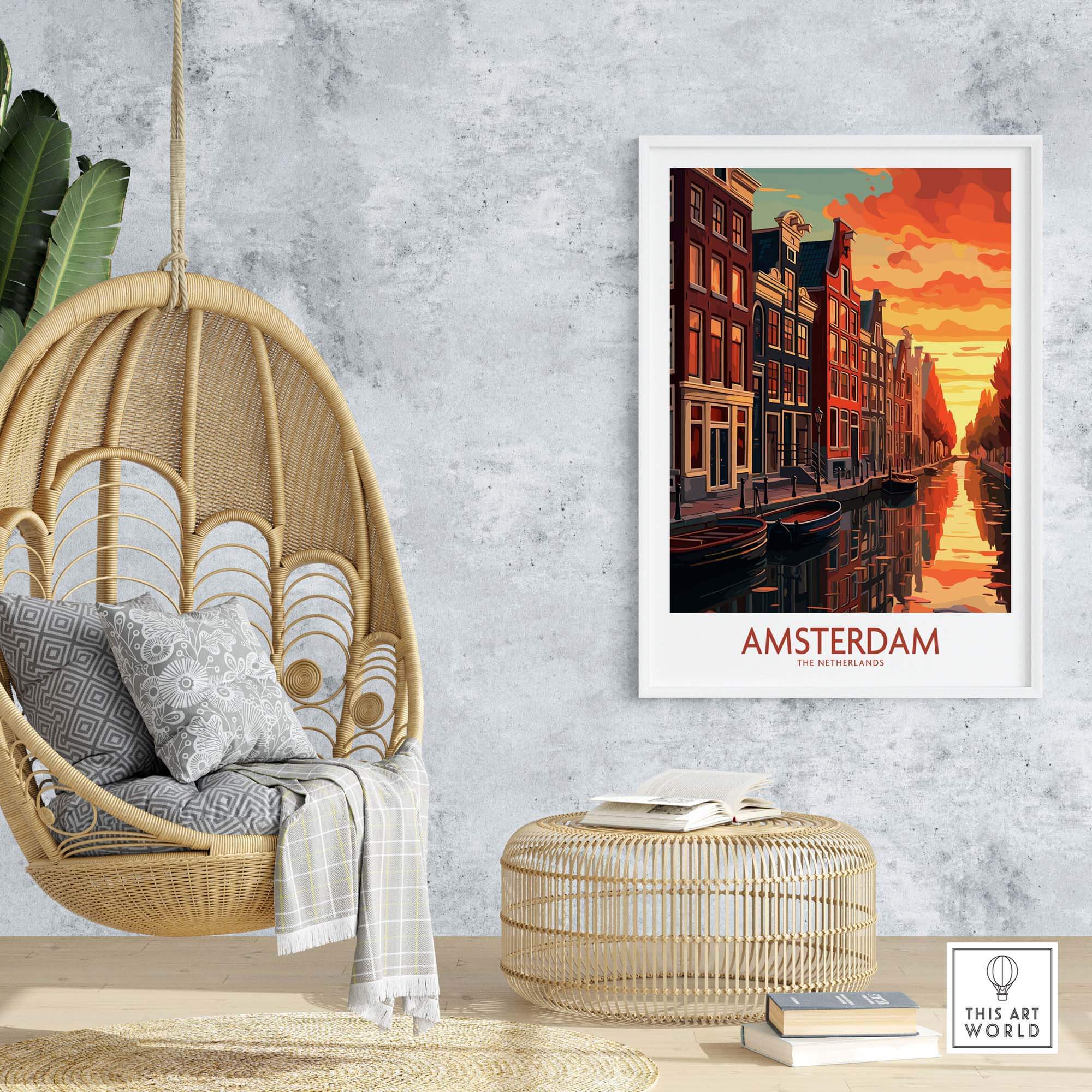 Amsterdam sunset wall art featuring canals and bikes, modern style decor for living room.