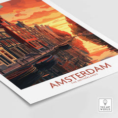 Amsterdam at sunset wall art featuring canals and bikes, showcasing modern Netherlands style.