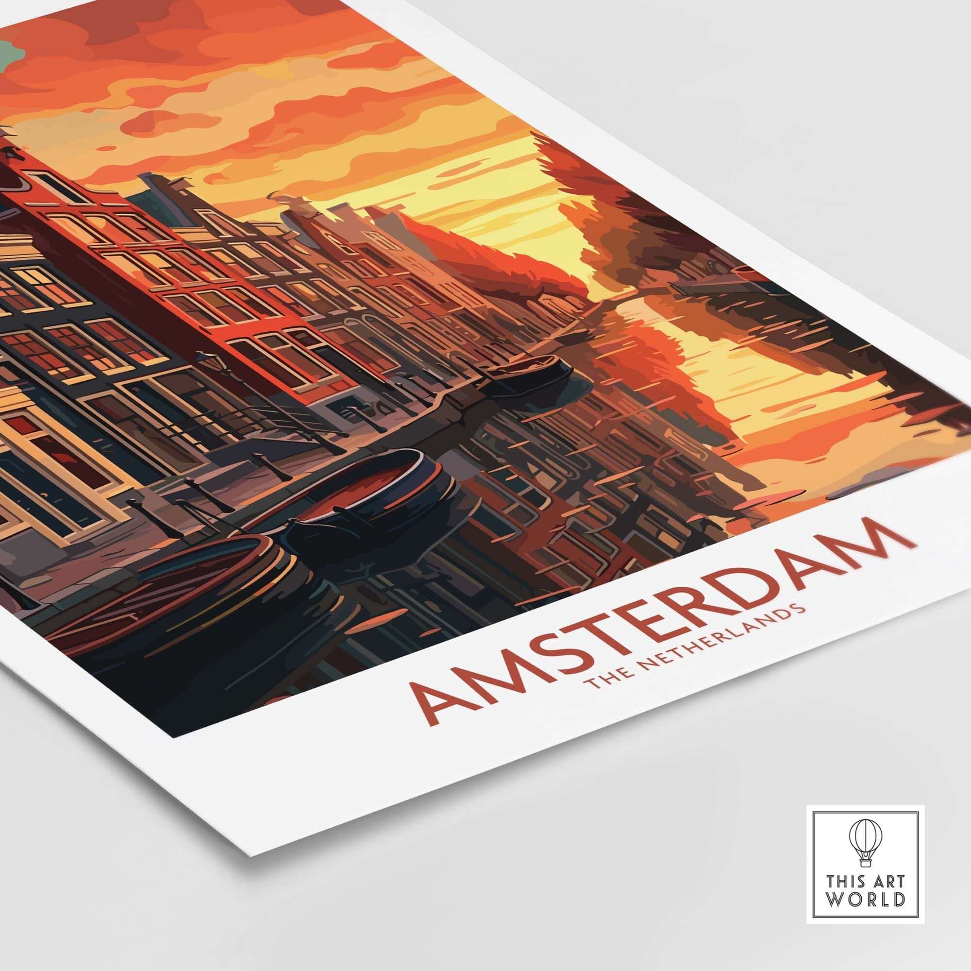 Amsterdam at sunset wall art featuring canals and bikes, showcasing modern Netherlands style.