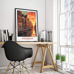 Amsterdam at sunset wall art featuring canals and bikes, perfect for modern home decor.