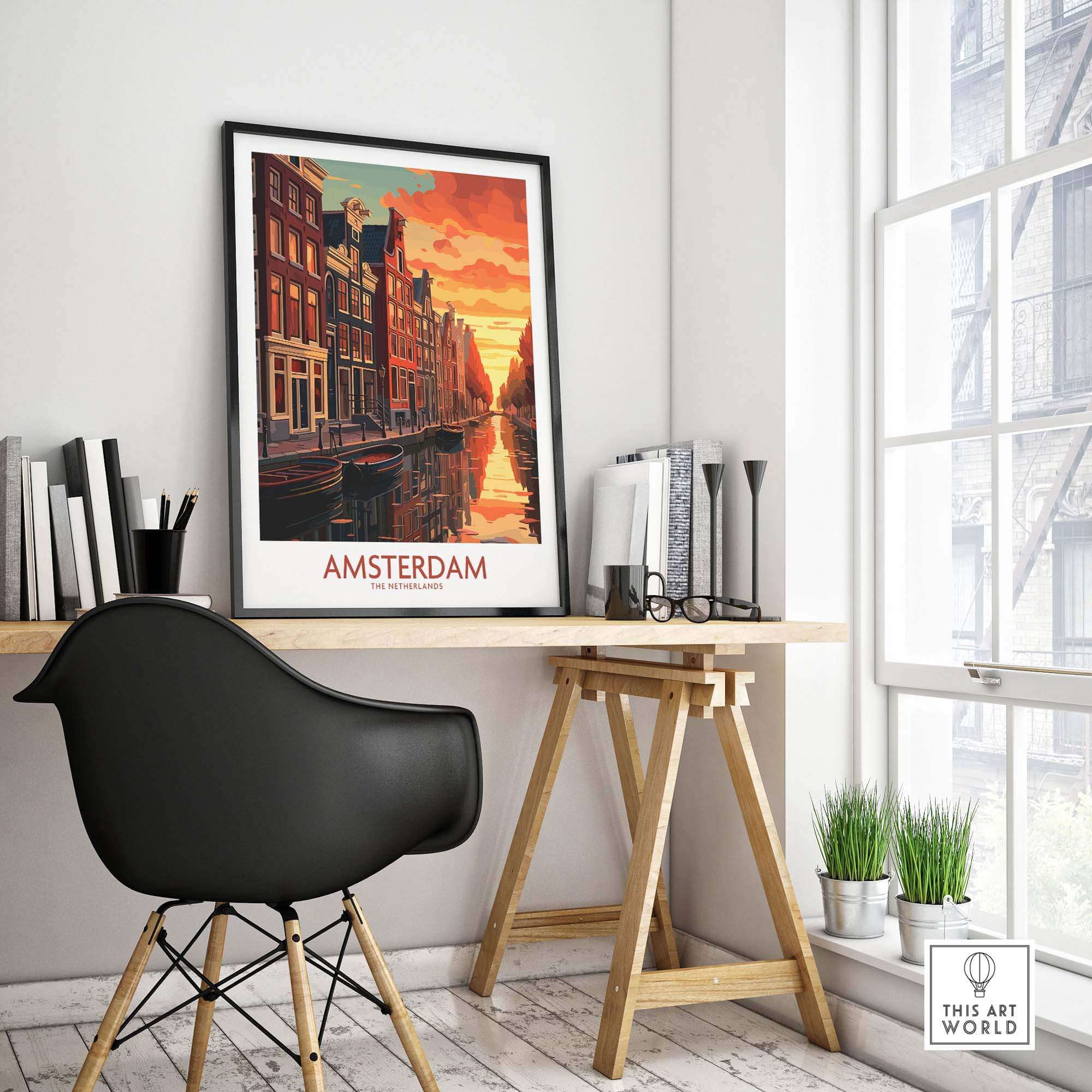 Amsterdam at sunset wall art featuring canals and bikes, perfect for modern home decor.