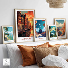 Collection of travel wall art featuring Amsterdam, Beijing, Costa Rica, and the Grand Canyon in a stylish living room setting.